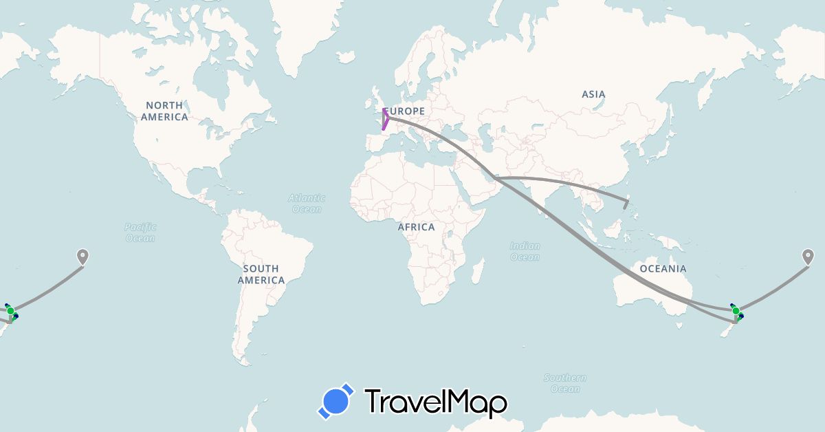 TravelMap itinerary: driving, bus, plane, train, hiking, boat, hitchhiking in United Arab Emirates, Australia, France, United Kingdom, New Zealand, French Polynesia, Philippines (Asia, Europe, Oceania)